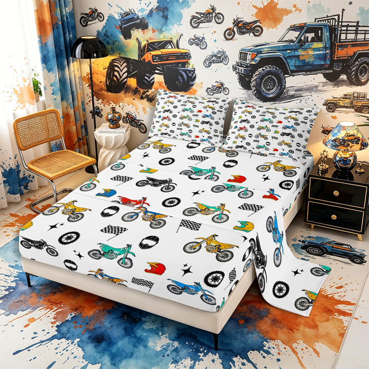 Meiyoeat Dirt Bike Pattern Bed Sheets 4-Piece for Boys,Helmet Art Full Size Sheets,Red Teal Black,1 Fitted Sheet,1 Flat Sheet and 2 Pillowcases
