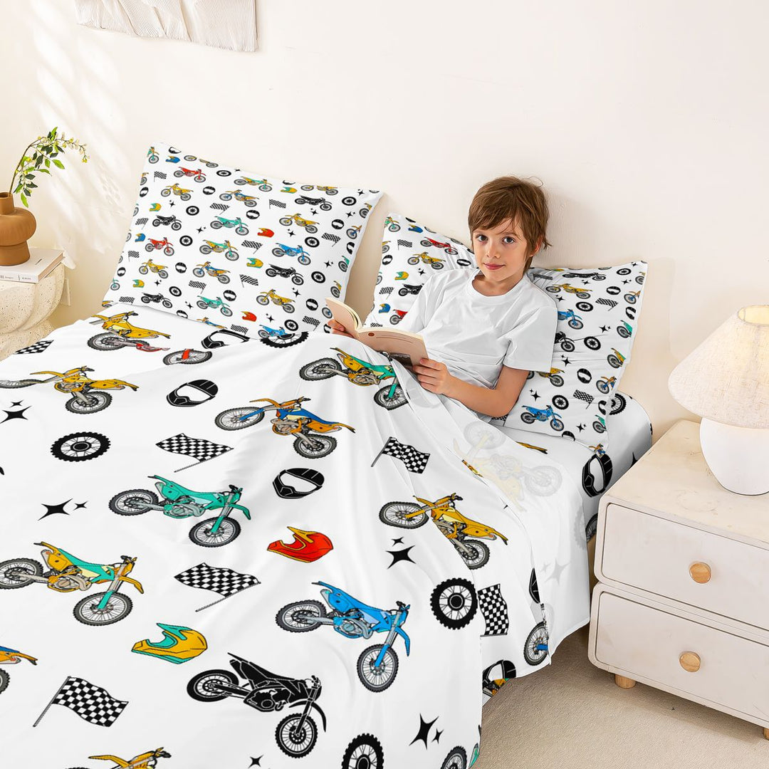 Meiyoeat Dirt Bike Pattern Bed Sheets 4-Piece for Boys,Helmet Art Full Size Sheets,Red Teal Black,1 Fitted Sheet,1 Flat Sheet and 2 Pillowcases