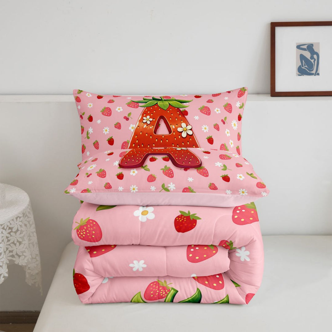 meiyoeat Strawberry Floral Monogram A Full Size Comforter Sets,3D Cartoon Cute Fruit Bedding Comforter Set For Girl,Pink Reversible,3pcs,1 Comforter and 2 Pillowcases