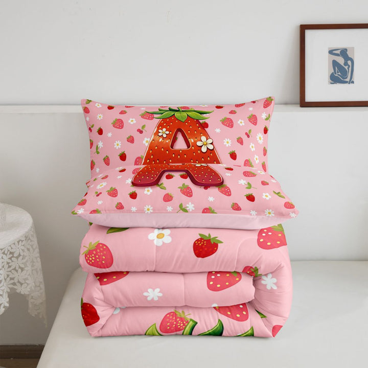 meiyoeat Strawberry Floral Monogram A Full Size Comforter Sets,3D Cartoon Cute Fruit Bedding Comforter Set For Girl,Pink Reversible,3pcs,1 Comforter and 2 Pillowcases