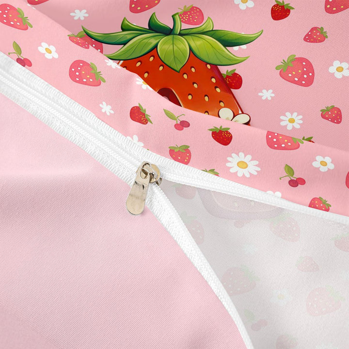 meiyoeat Strawberry Floral Monogram A Bedding,3D Cartoon Cute Fruit Duvet Cover Full For Girl,Pink Reversible,3pcs,1 Duvet Cover and 2 Pillowcases