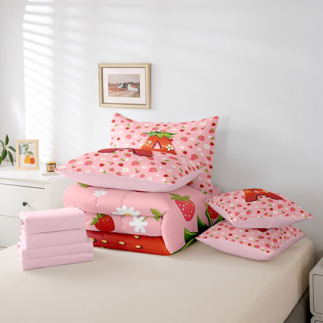 meiyoeat Strawberry Floral Monogram A 7 Pieces Full Size Bedding Sets,3D Cartoon Cute Fruit Full Size Bed in a Bag For Girl,Pink Reversible