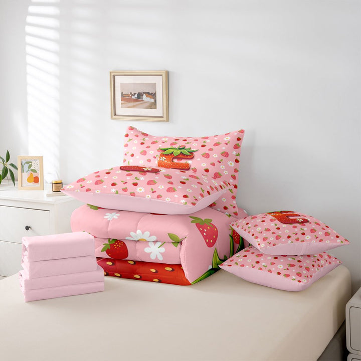 meiyoeat 3D Cartoon Monogram E 7 Pieces Full Size Bedding SetsPink Fruit Strawberry Full Size Bed in a Bag For Girl,Pink Reversible