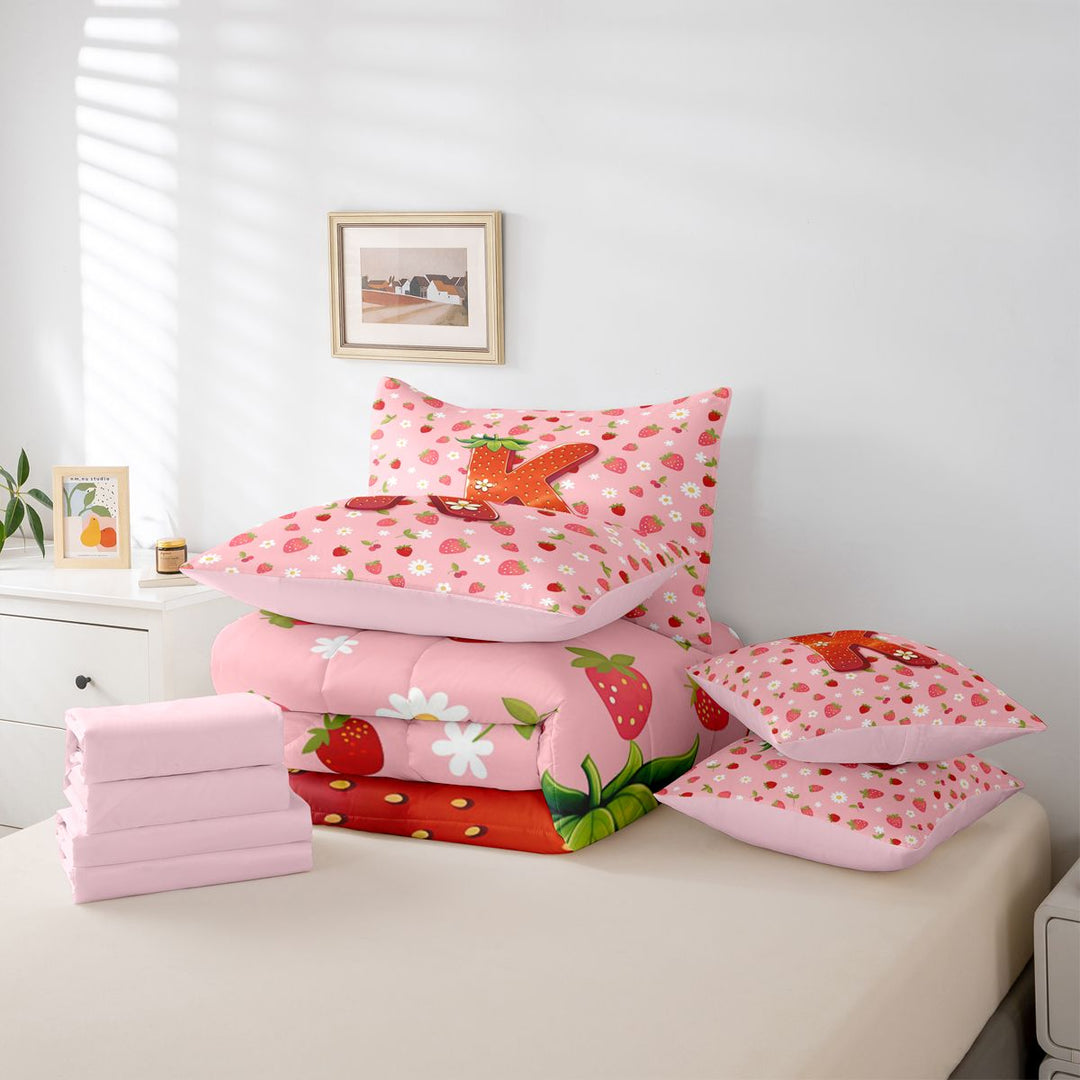 meiyoeat Cute Strawberry Daisy 7 Pieces Full Size Bedding Sets,Kids Personalized Initial Alphabet K Full Size Bed in a Bag For Girl,Pink Reversible