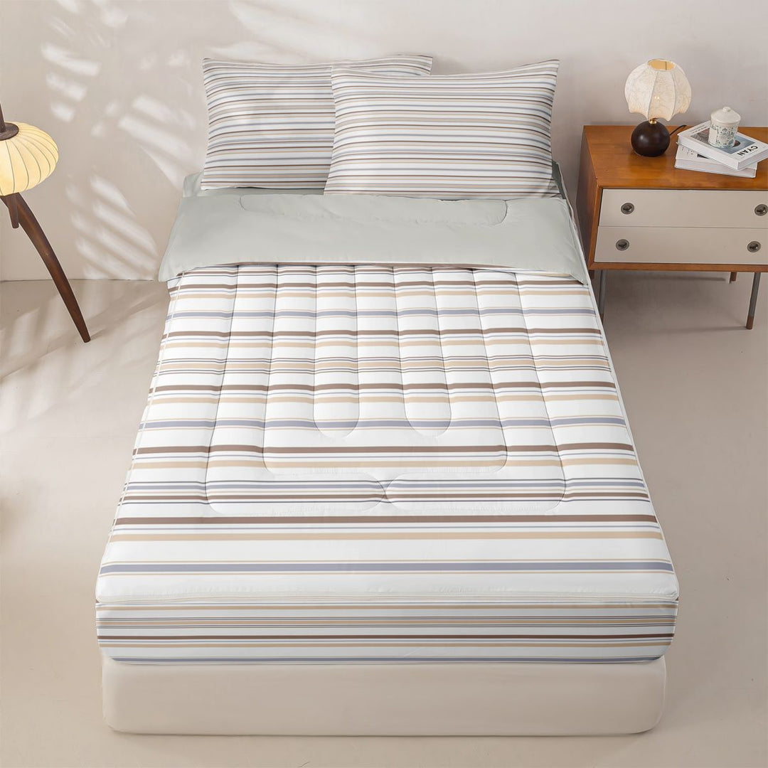 meiyoeat Modern Striped Art Zipper Full Size Comforter Sets with Fitted Sheet and 2 Pillowcases For Kids,Minimalist Geometric Line Zipper Bedding Set,Light Gray Reversible,4 Pieces