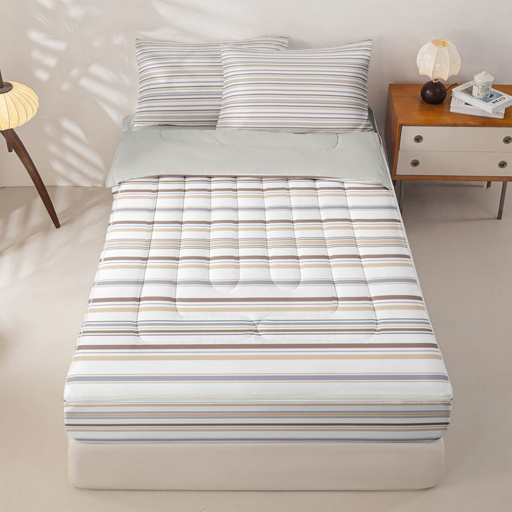 meiyoeat Modern Striped Art Zipper Full Size Comforter Sets with Fitted Sheet and 2 Pillowcases For Kids,Minimalist Geometric Line Zipper Bedding Set,Light Gray Reversible,4 Pieces