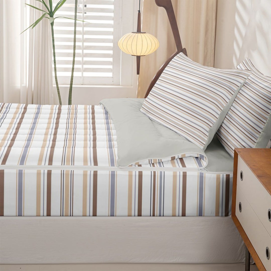 meiyoeat Modern Striped Art Zipper Full Size Comforter Sets with Fitted Sheet and 2 Pillowcases For Kids,Minimalist Geometric Line Zipper Bedding Set,Light Gray Reversible,4 Pieces
