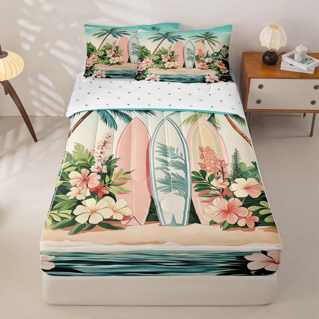 meiyoeat Hawaii Sea Beach Zipper Full Size Comforter Sets with Fitted Sheet and 2 Pillowcases For Kids,Pink Kawaii Floral Blossom Zipper Bedding Set For Girls,Reversible,4 Pieces