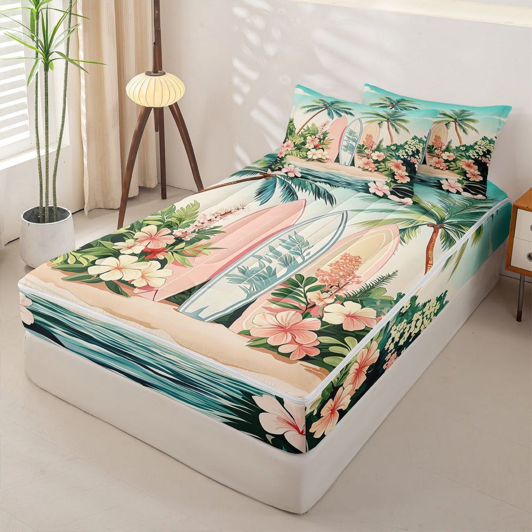 meiyoeat Hawaii Sea Beach Zipper Full Size Comforter Sets with Fitted Sheet and 2 Pillowcases For Kids,Pink Kawaii Floral Blossom Zipper Bedding Set For Girls,Reversible,4 Pieces