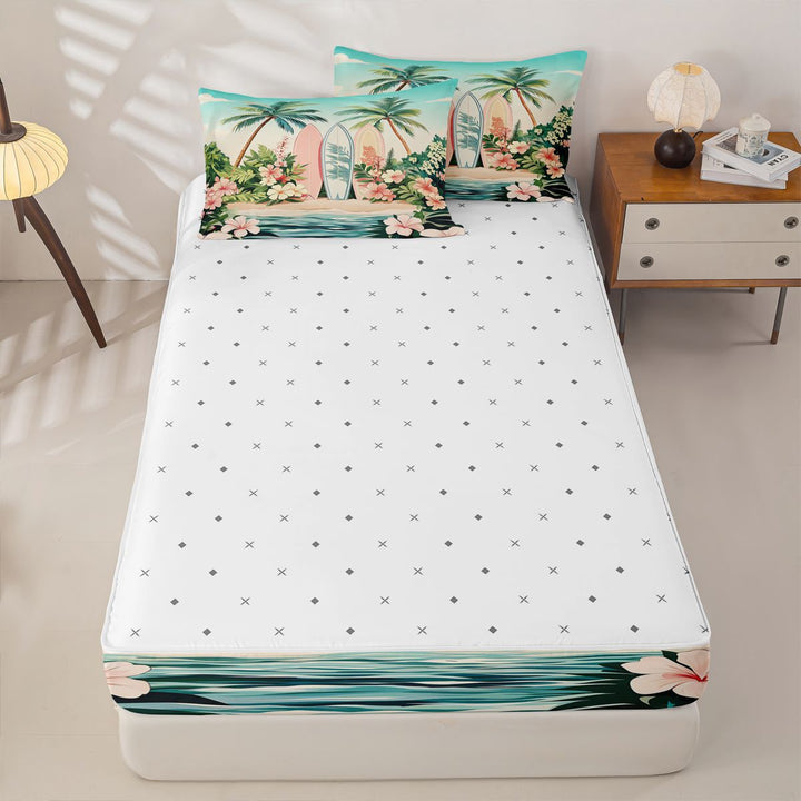 meiyoeat Hawaii Sea Beach Zipper Full Size Comforter Sets with Fitted Sheet and 2 Pillowcases For Kids,Pink Kawaii Floral Blossom Zipper Bedding Set For Girls,Reversible,4 Pieces