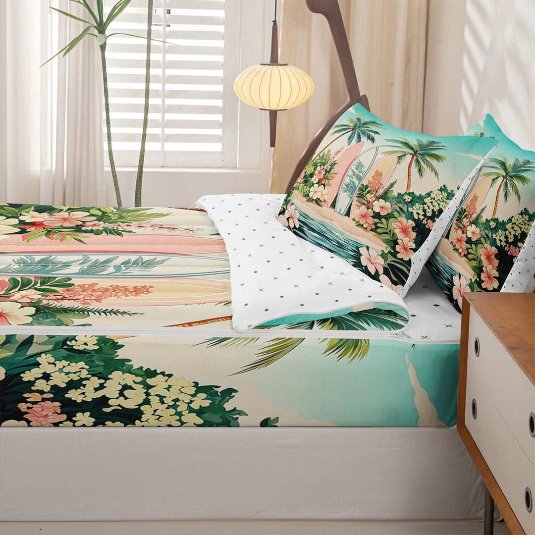 meiyoeat Hawaii Sea Beach Zipper Full Size Comforter Sets with Fitted Sheet and 2 Pillowcases For Kids,Pink Kawaii Floral Blossom Zipper Bedding Set For Girls,Reversible,4 Pieces