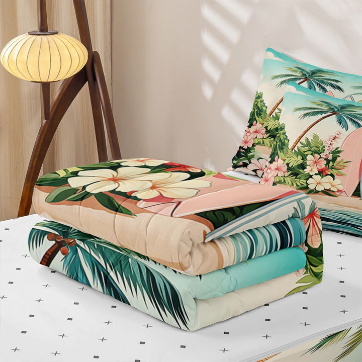 meiyoeat Hawaii Sea Beach Zipper Full Size Comforter Sets with Fitted Sheet and 2 Pillowcases For Kids,Pink Kawaii Floral Blossom Zipper Bedding Set For Girls,Reversible,4 Pieces