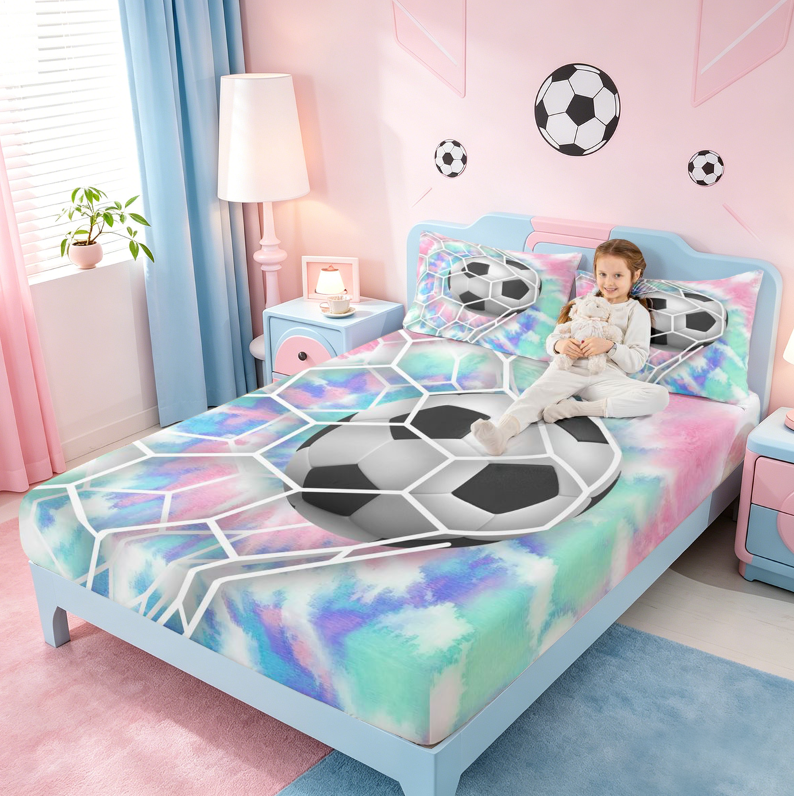 meiyoeat Watercolor Tie-Dye Bed Sheets For Girls,Football Games Theme Full Size Sheets For Kids,4pcs