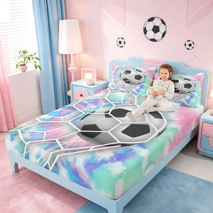 meiyoeat Watercolor Tie-Dye Bed Sheets For Girls,Football Games Theme Full Size Sheets For Kids,4pcs