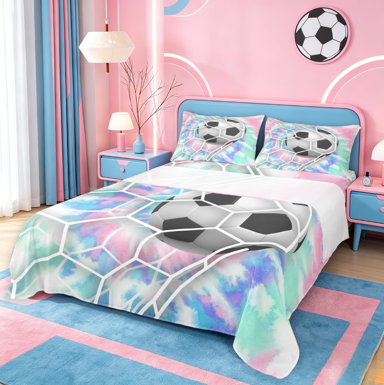 meiyoeat Watercolor Tie-Dye Bed Sheets For Girls,Football Games Theme Full Size Sheets For Kids,4pcs