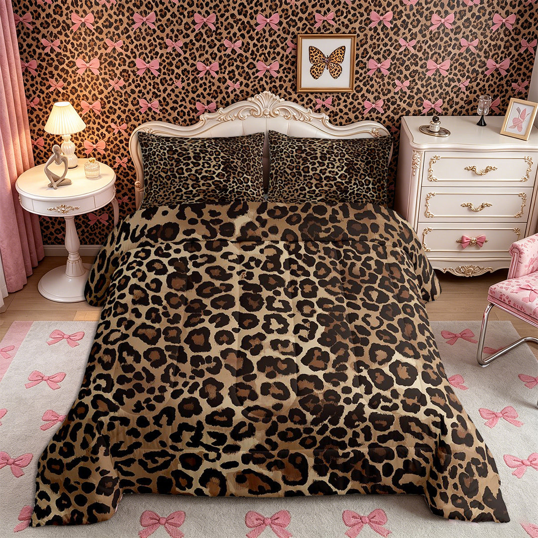 Meiyoeat Boho Leopard Print King Size Comforter Sets 3pcs, Neutral Animal Spot Pattern Comforters King Size, Brown Beige,Black Reversible