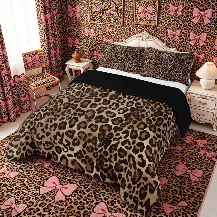 Meiyoeat Boho Leopard Print King Size Comforter Sets 3pcs, Neutral Animal Spot Pattern Comforters King Size, Brown Beige,Black Reversible