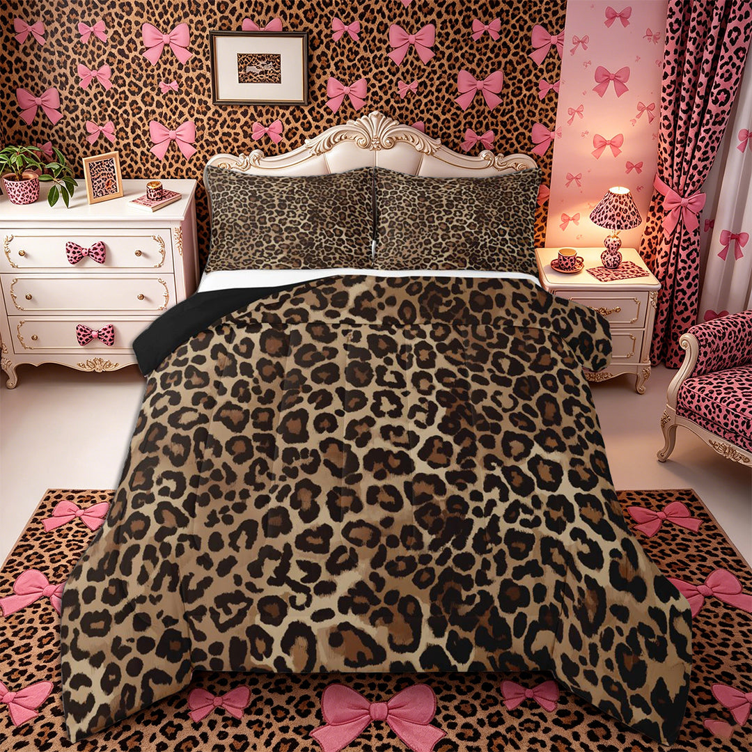 Meiyoeat Boho Leopard Print King Size Comforter Sets 3pcs, Neutral Animal Spot Pattern Comforters King Size, Brown Beige,Black Reversible