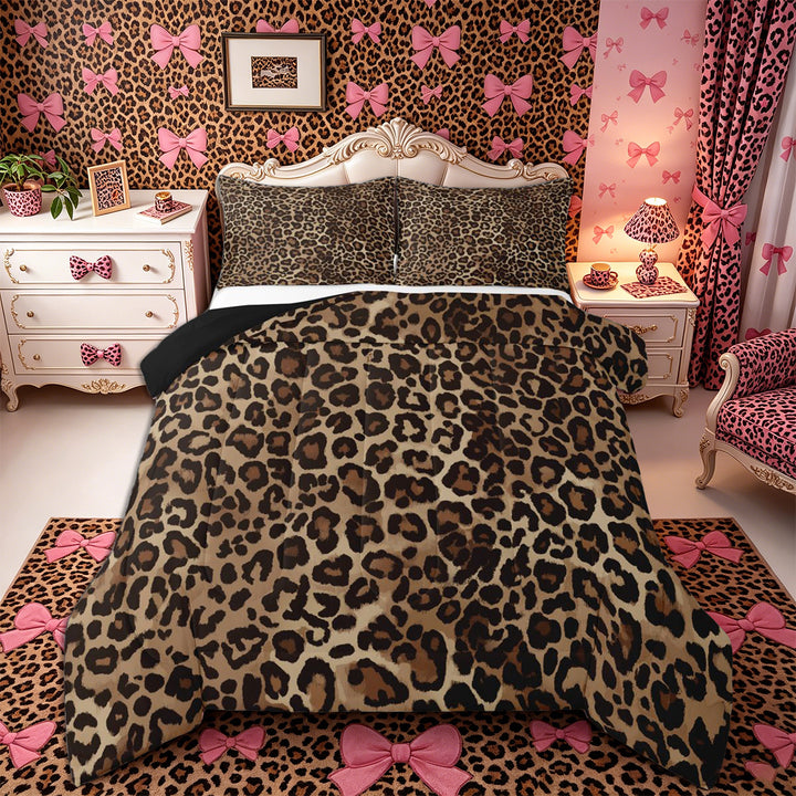 Meiyoeat Boho Leopard Print King Size Comforter Sets 3pcs, Neutral Animal Spot Pattern Comforters King Size, Brown Beige,Black Reversible