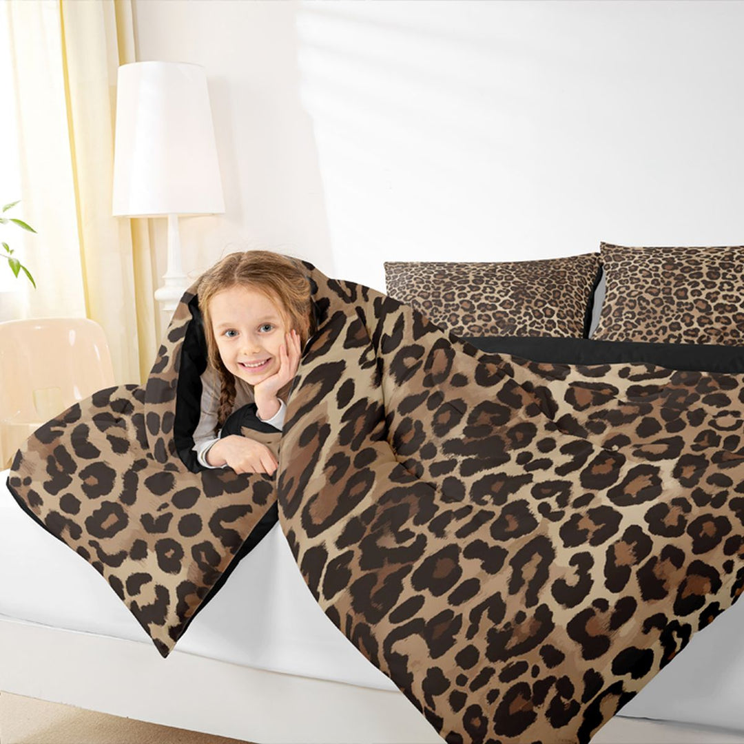 Meiyoeat Boho Leopard Print King Bedding 7pcs, Neutral Animal Spot Pattern King Bed in a Bag, Brown Beige,Black Reversible