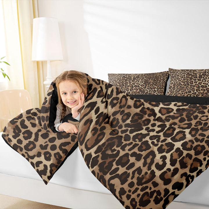 Meiyoeat Boho Leopard Print King Bedding 7pcs, Neutral Animal Spot Pattern King Bed in a Bag, Brown Beige,Black Reversible