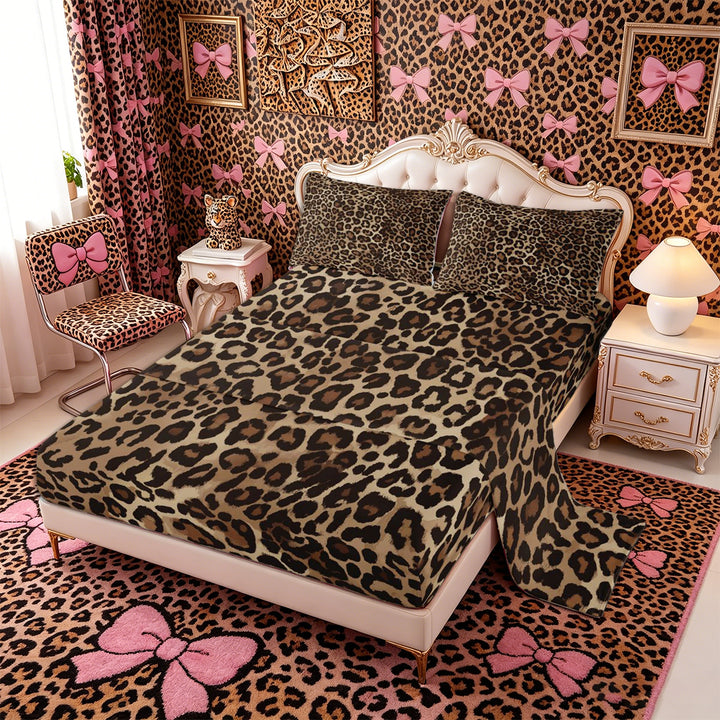 Meiyoeat Boho Leopard Print King Sheets 4pcs, Neutral Animal Spot Pattern Bedding, Brown Beige