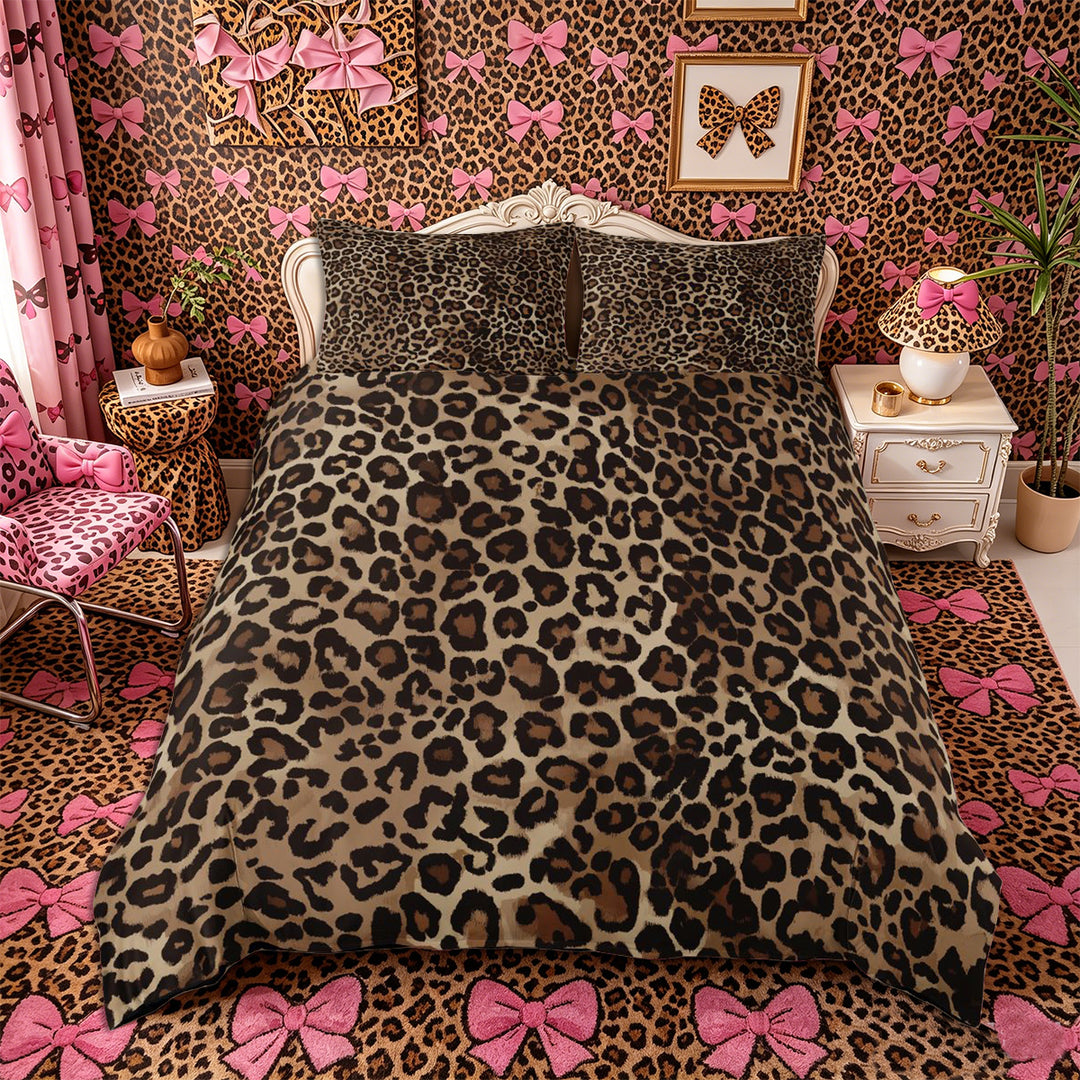 Meiyoeat Boho Leopard Print Duvet Cover King, Neutral Animal Spot Pattern King Bedding, Brown Beige,3 Pieces,No Comforter,Black Reversible