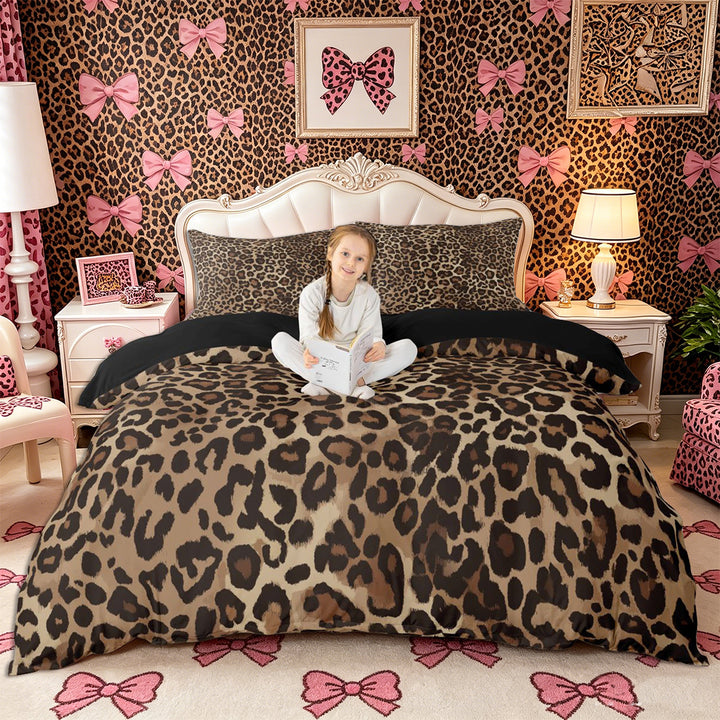 Meiyoeat Boho Leopard Print Duvet Cover King, Neutral Animal Spot Pattern King Bedding, Brown Beige,3 Pieces,No Comforter,Black Reversible