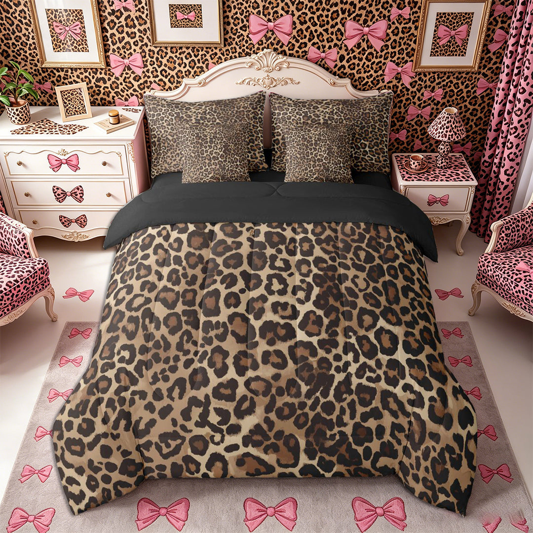Meiyoeat Boho Leopard Print King Bedding 7pcs, Neutral Animal Spot Pattern King Bed in a Bag, Brown Beige,Black Reversible