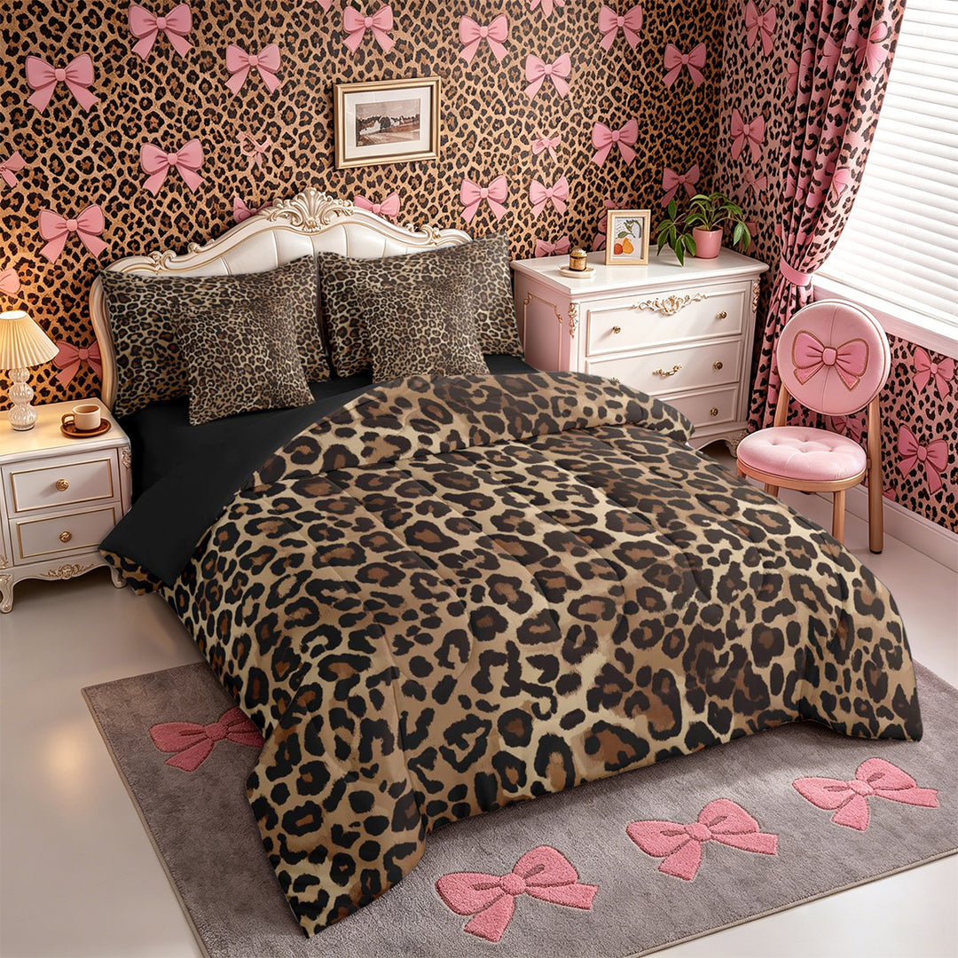 Meiyoeat Boho Leopard Print King Bedding 7pcs, Neutral Animal Spot Pattern King Bed in a Bag, Brown Beige,Black Reversible