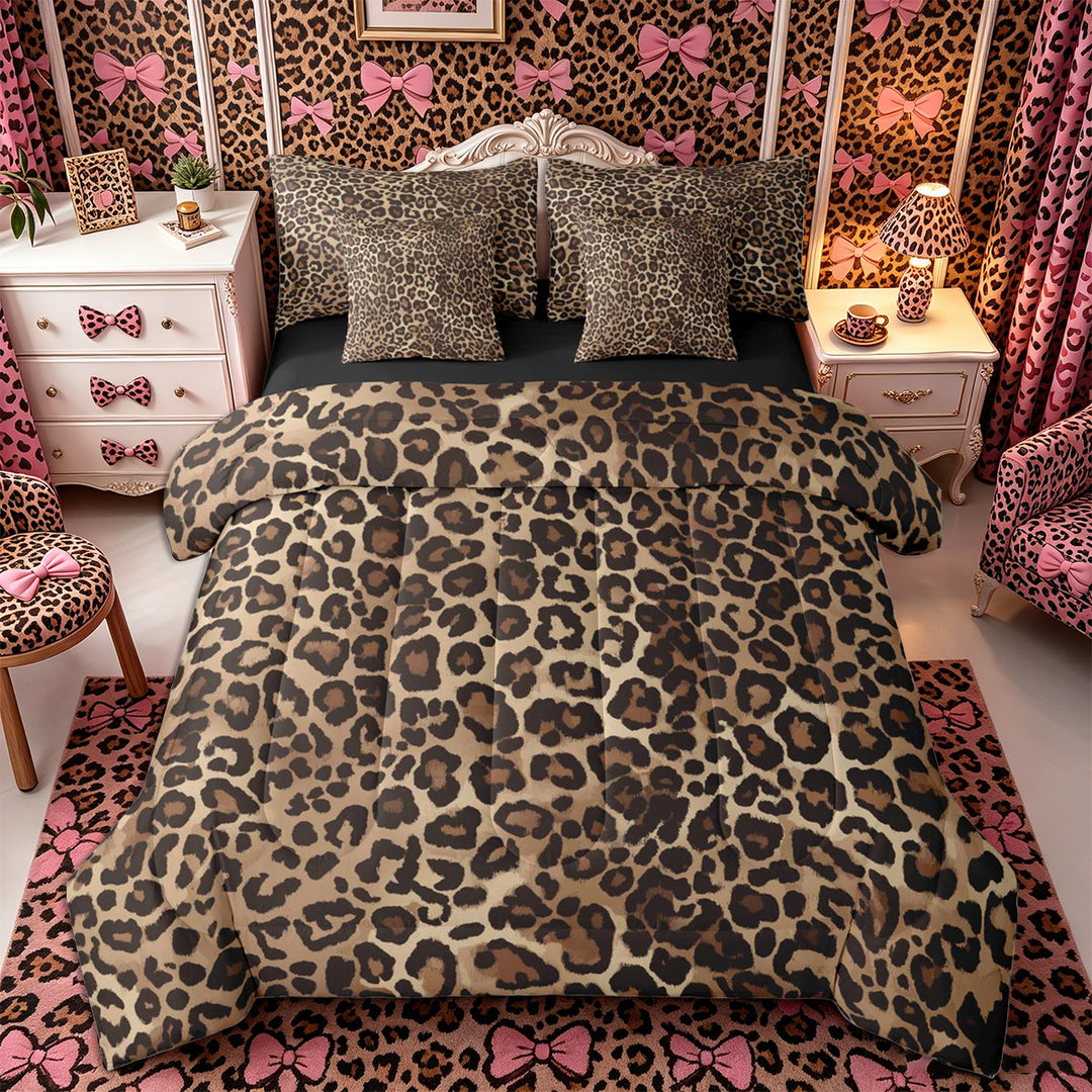 Meiyoeat Boho Leopard Print King Bedding 7pcs, Neutral Animal Spot Pattern King Bed in a Bag, Brown Beige,Black Reversible