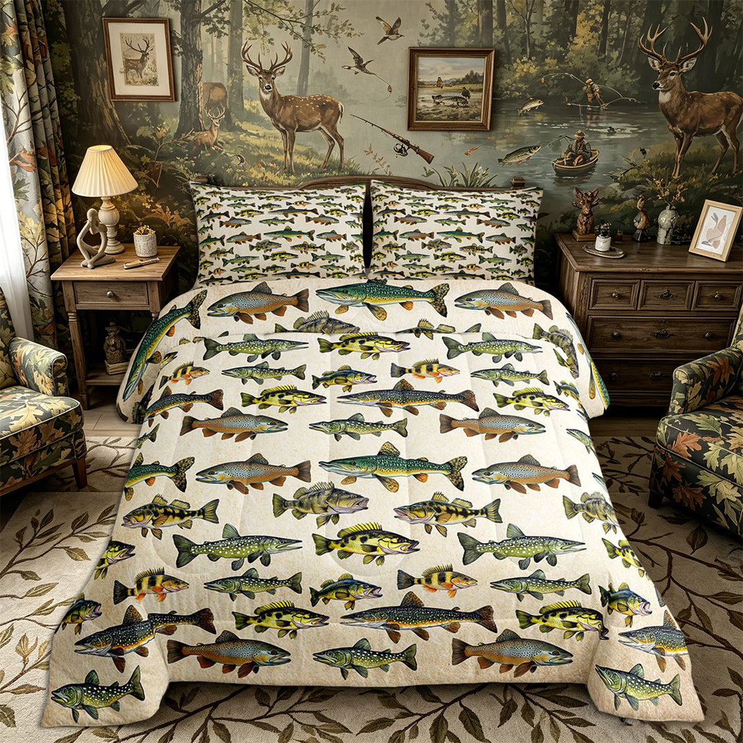Meiyoeat Retro Rustic Fish Print King Size Comforter Sets 3pcs, Fishing Theme Wildlife Pattern Comforters King Size,Black Reversible