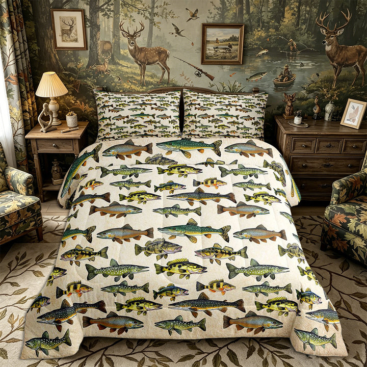 Meiyoeat Retro Rustic Fish Print King Size Comforter Sets 3pcs, Fishing Theme Wildlife Pattern Comforters King Size,Black Reversible