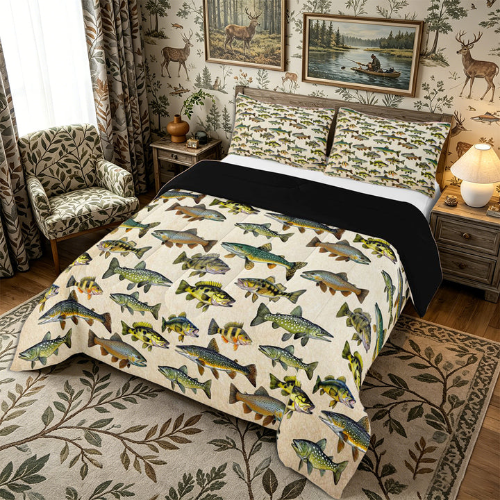 Meiyoeat Retro Rustic Fish Print King Size Comforter Sets 3pcs, Fishing Theme Wildlife Pattern Comforters King Size,Black Reversible