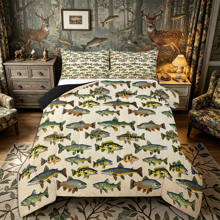 Meiyoeat Retro Rustic Fish Print King Size Comforter Sets 3pcs, Fishing Theme Wildlife Pattern Comforters King Size,Black Reversible