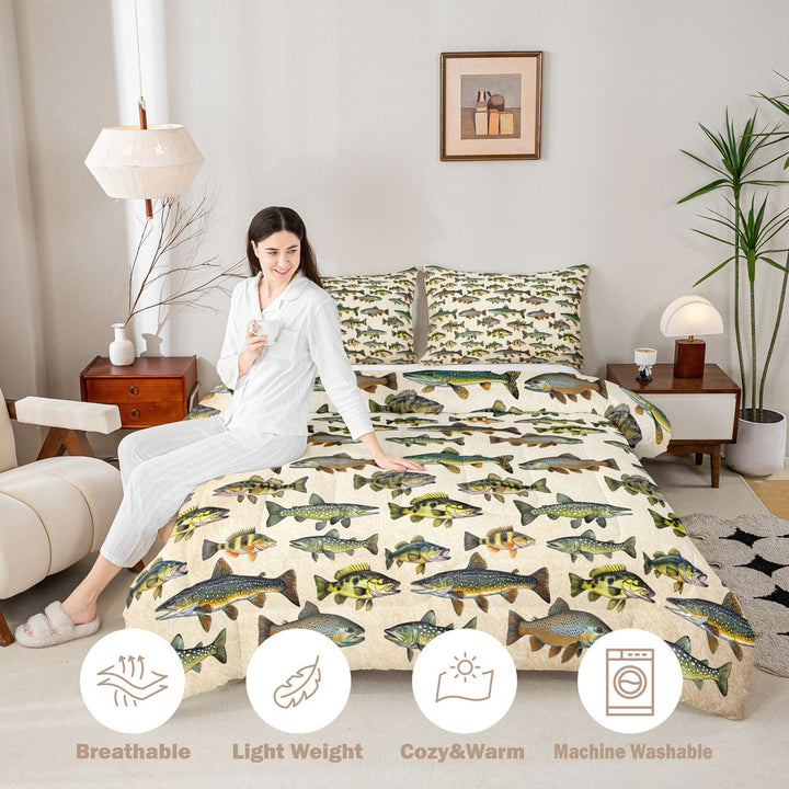 Meiyoeat Retro Rustic Fish Print King Size Comforter Sets 3pcs, Fishing Theme Wildlife Pattern Comforters King Size,Black Reversible