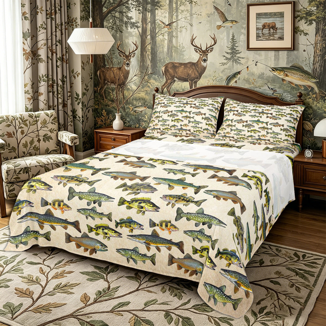 Meiyoeat Retro Rustic Fish Print King Sheets 4pcs, Fishing Theme Wildlife Pattern Bedding