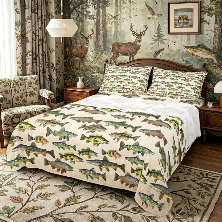 Meiyoeat Retro Rustic Fish Print King Sheets 4pcs, Fishing Theme Wildlife Pattern Bedding