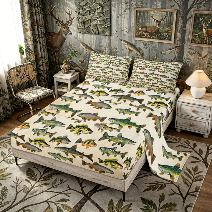 Meiyoeat Retro Rustic Fish Print King Sheets 4pcs, Fishing Theme Wildlife Pattern Bedding