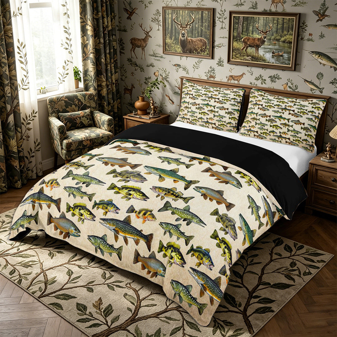 Meiyoeat Retro Rustic Fish Print Duvet Cover King, Fishing Theme Wildlife Pattern King Bedding,3 Pieces,No Comforter,Black Reversible