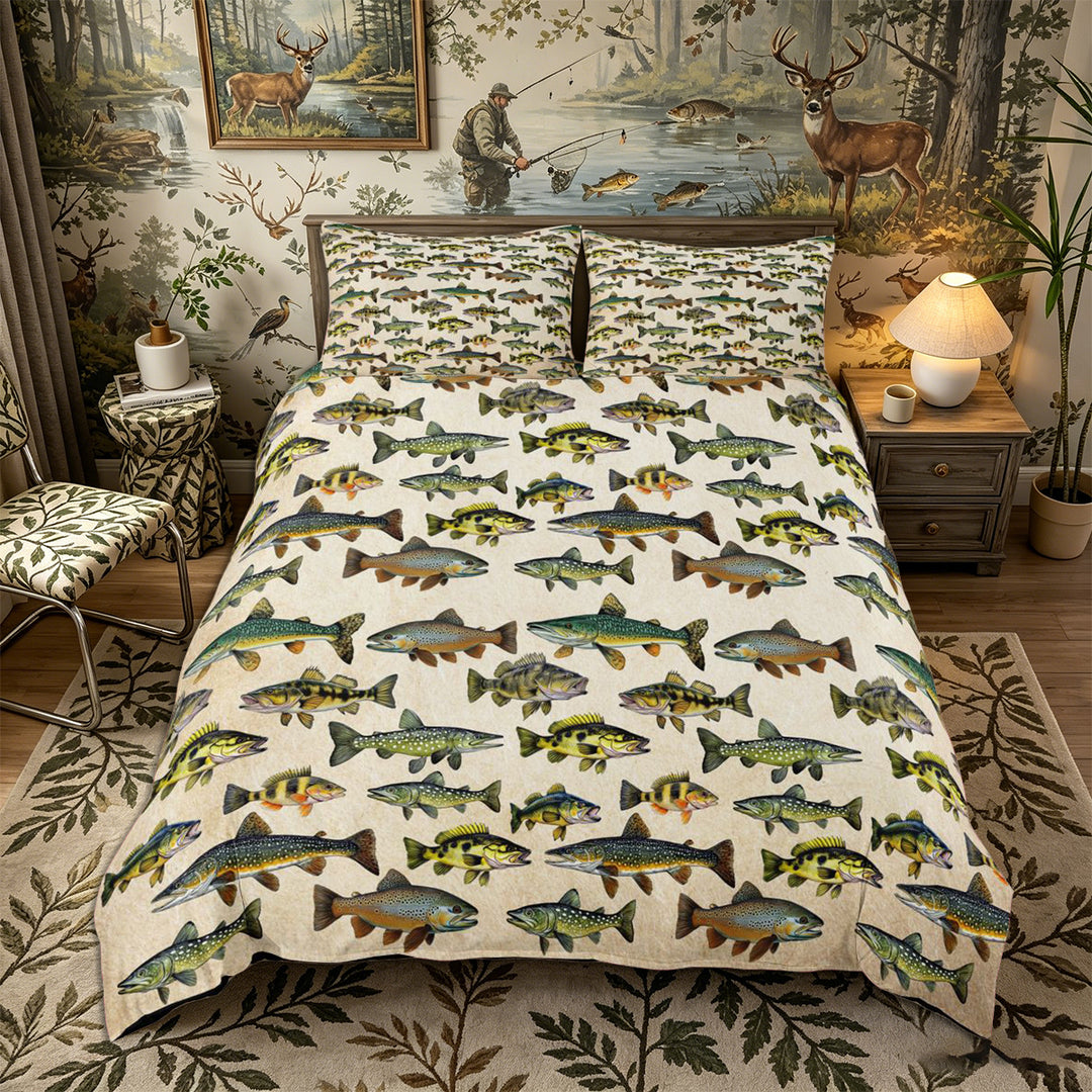 Meiyoeat Retro Rustic Fish Print Duvet Cover King, Fishing Theme Wildlife Pattern King Bedding,3 Pieces,No Comforter,Black Reversible