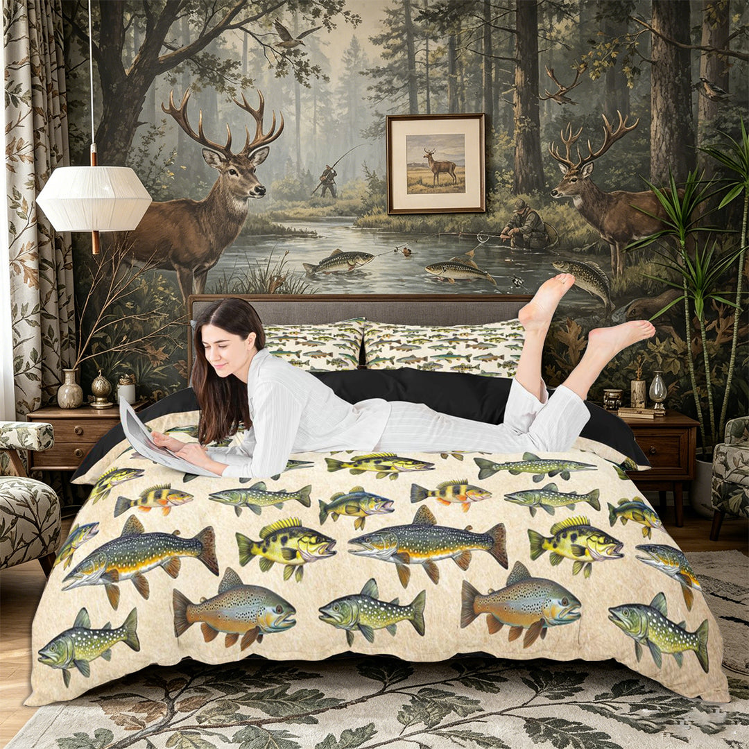 Meiyoeat Retro Rustic Fish Print Duvet Cover King, Fishing Theme Wildlife Pattern King Bedding,3 Pieces,No Comforter,Black Reversible