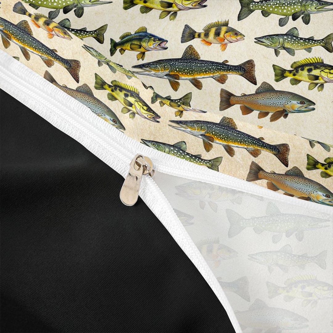 Meiyoeat Retro Rustic Fish Print Duvet Cover King, Fishing Theme Wildlife Pattern King Bedding,3 Pieces,No Comforter,Black Reversible