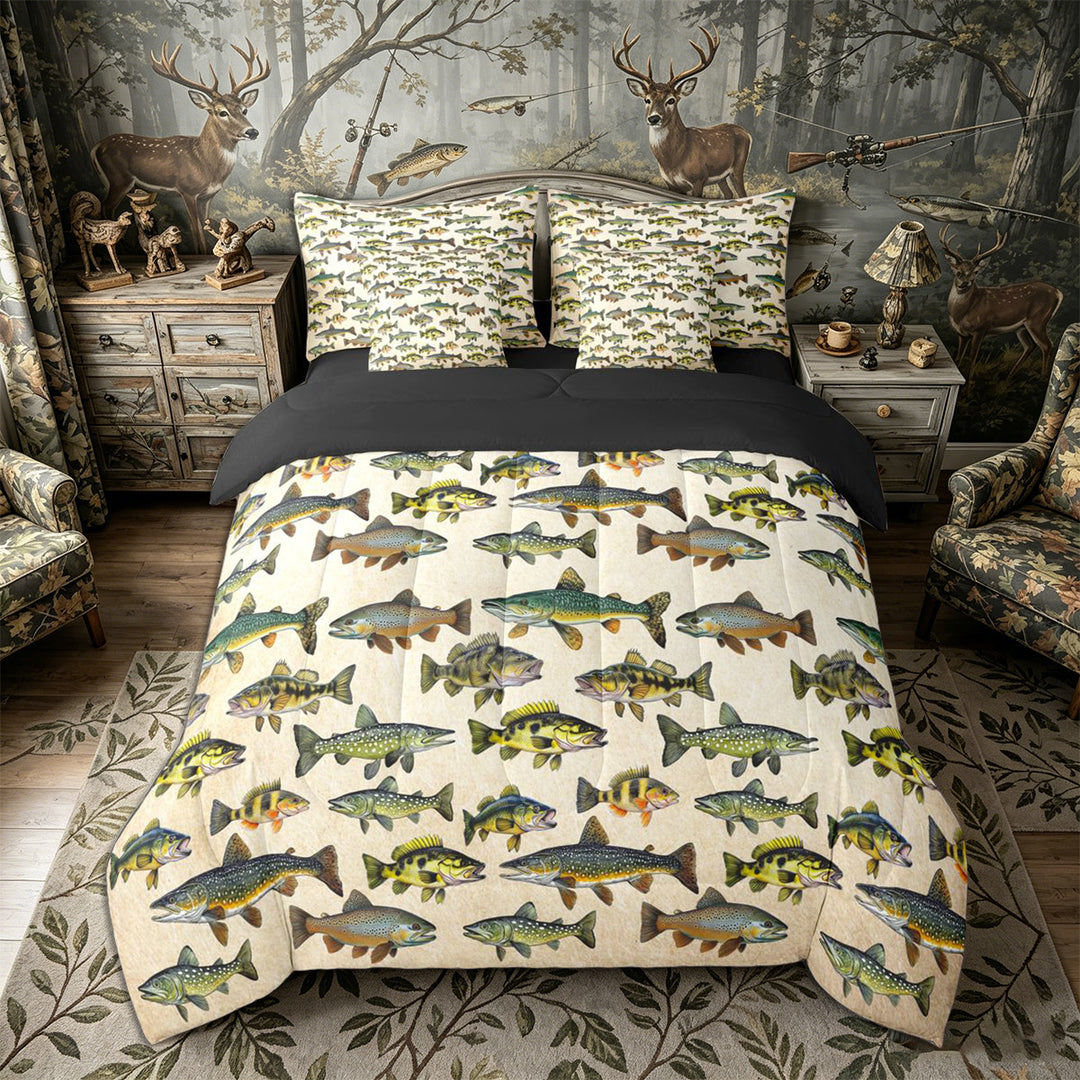 Meiyoeat Retro Rustic Fish Print King Bedding 7pcs, Fishing Theme Wildlife Pattern King Bed in a Bag,Black Reversible