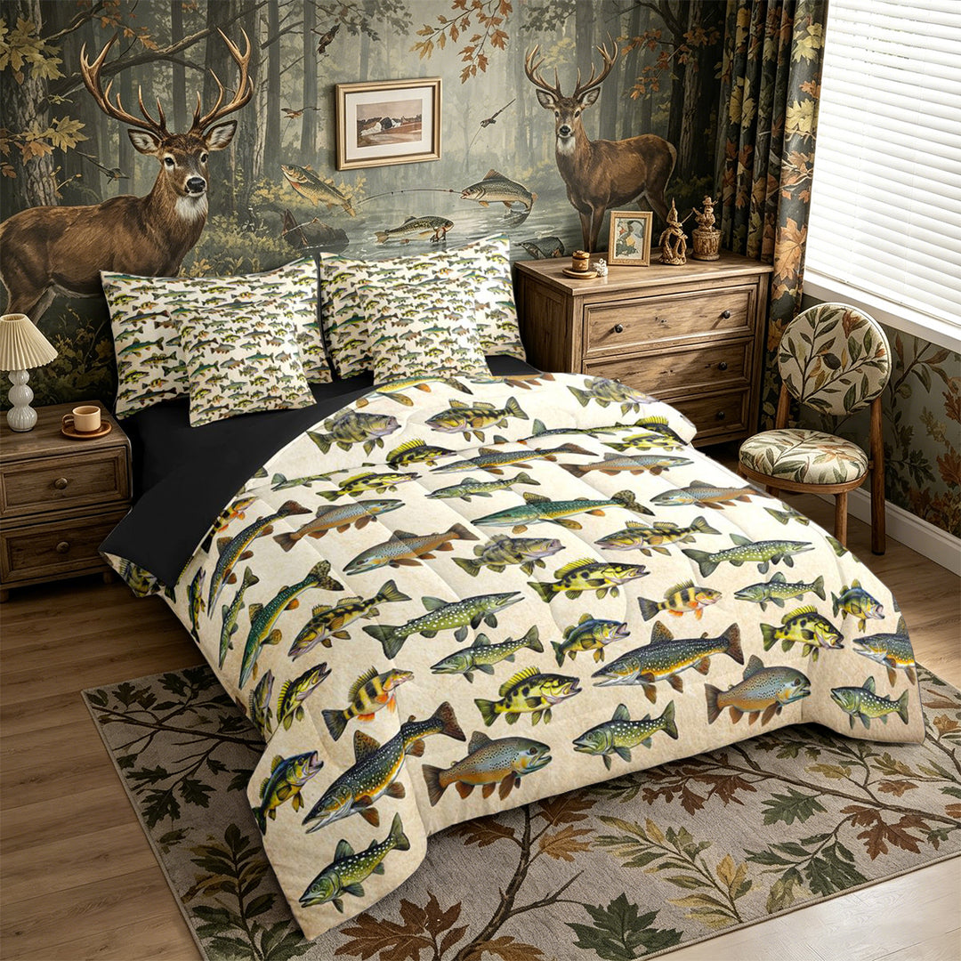 Meiyoeat Retro Rustic Fish Print King Bedding 7pcs, Fishing Theme Wildlife Pattern King Bed in a Bag,Black Reversible