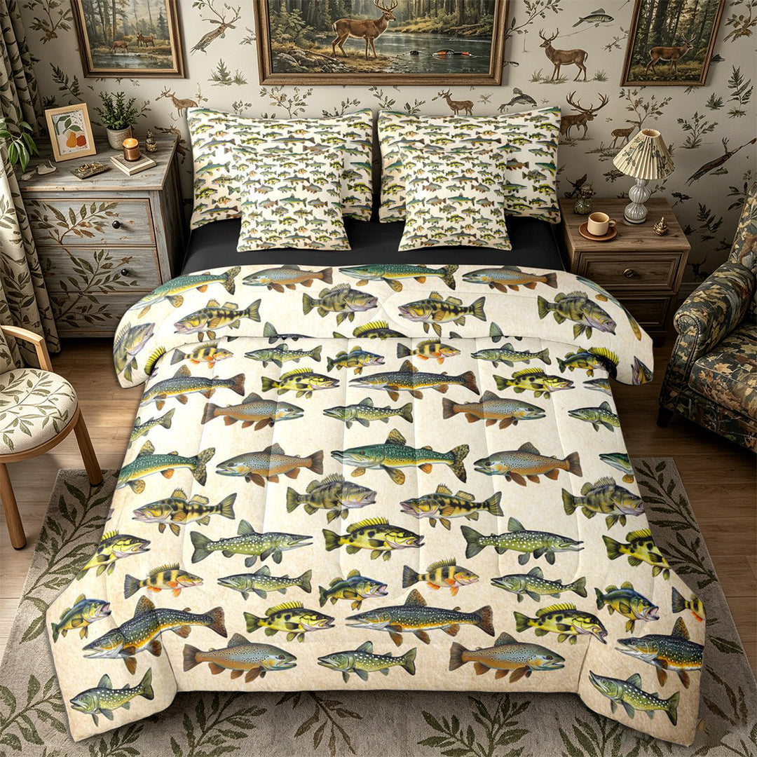 Meiyoeat Retro Rustic Fish Print King Bedding 7pcs, Fishing Theme Wildlife Pattern King Bed in a Bag,Black Reversible