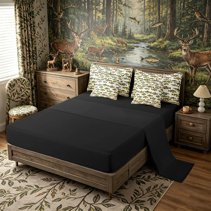 Meiyoeat Retro Rustic Fish Print King Bedding 7pcs, Fishing Theme Wildlife Pattern King Bed in a Bag,Black Reversible