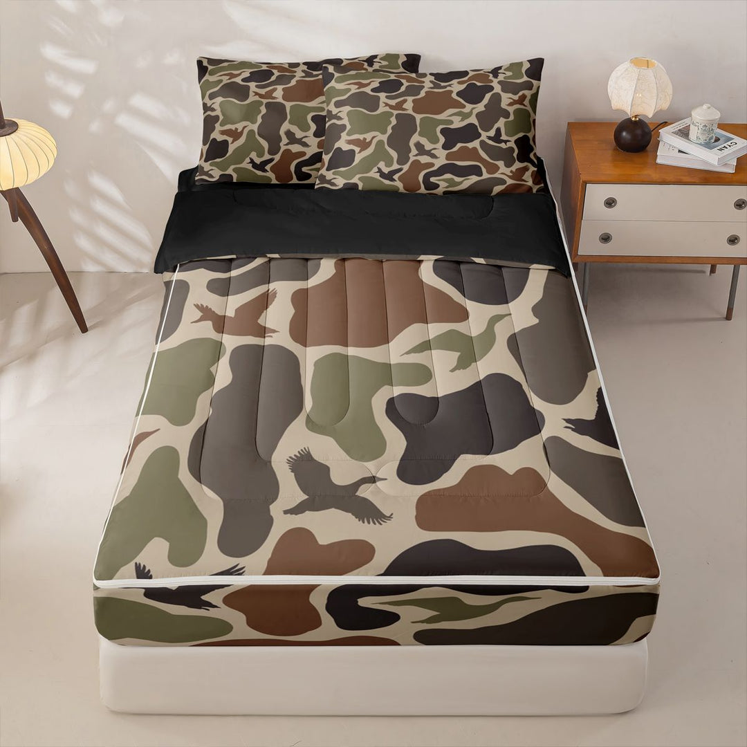 meiyoeat Classic Camo Mallard Zipper Twin Comforter Sets with Fitted Sheet and 2 Pillowcases For Adults,Vintage Camouflage Print Zipper Bedding Set For Boys, Earth Tone,Black Reversible,4 Pieces