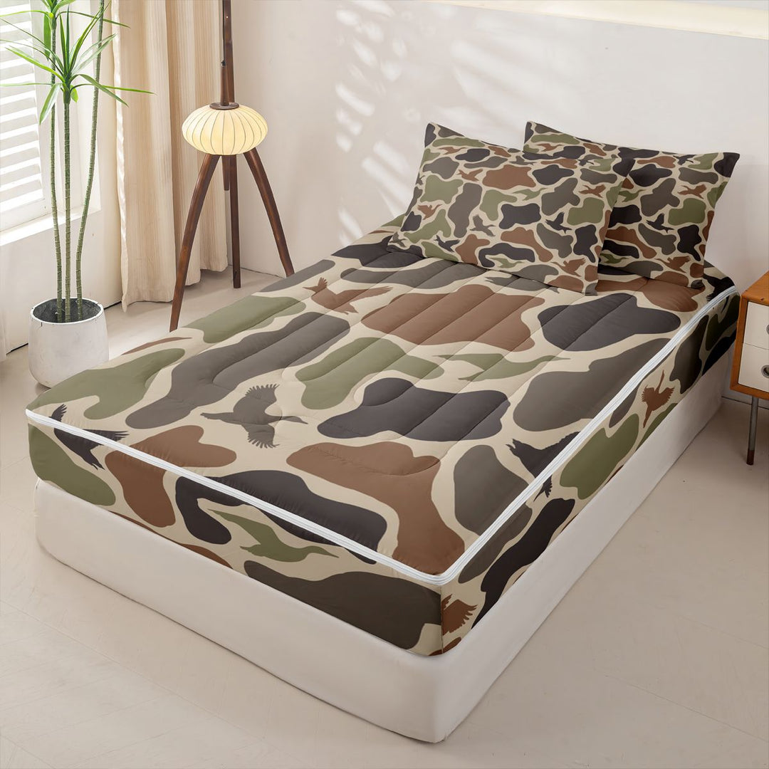 meiyoeat Classic Camo Mallard Zipper Twin Comforter Sets with Fitted Sheet and 2 Pillowcases For Adults,Vintage Camouflage Print Zipper Bedding Set For Boys, Earth Tone,Black Reversible,4 Pieces