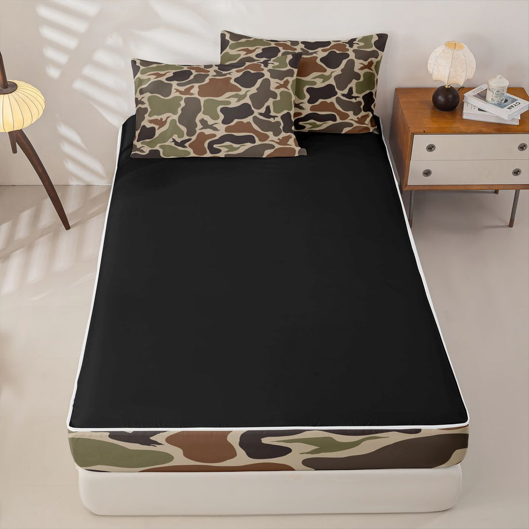 meiyoeat Classic Camo Mallard Zipper Twin Comforter Sets with Fitted Sheet and 2 Pillowcases For Adults,Vintage Camouflage Print Zipper Bedding Set For Boys, Earth Tone,Black Reversible,4 Pieces